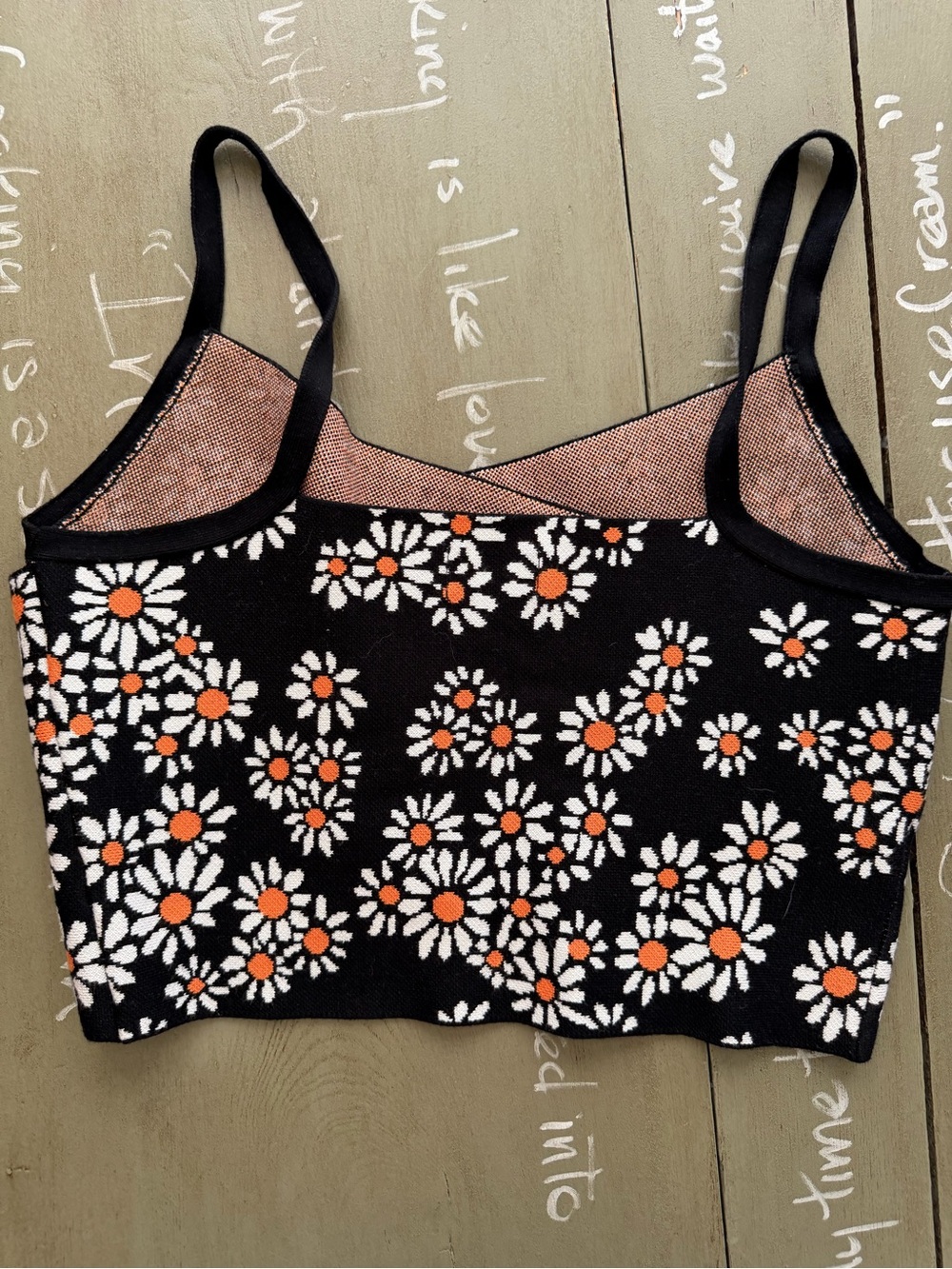 Anthropologie Maeve Black Floral Daisy Knit Top with Orange Centers - Picture 2 of 3